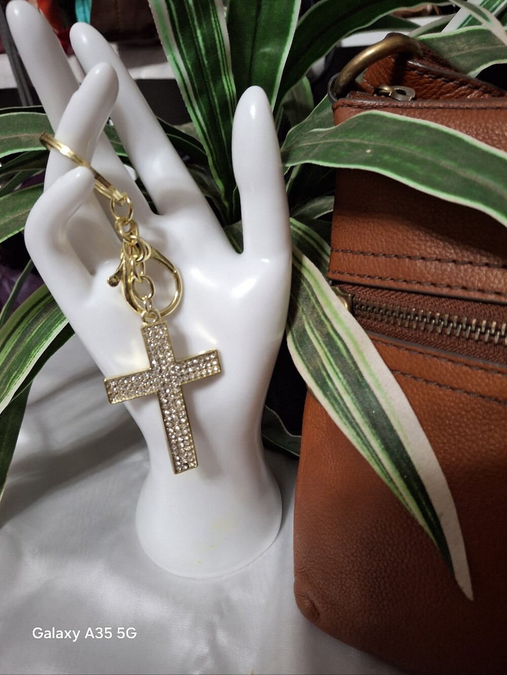 Cross Bag Charm Keychain with Crystal Stones Gold Tone